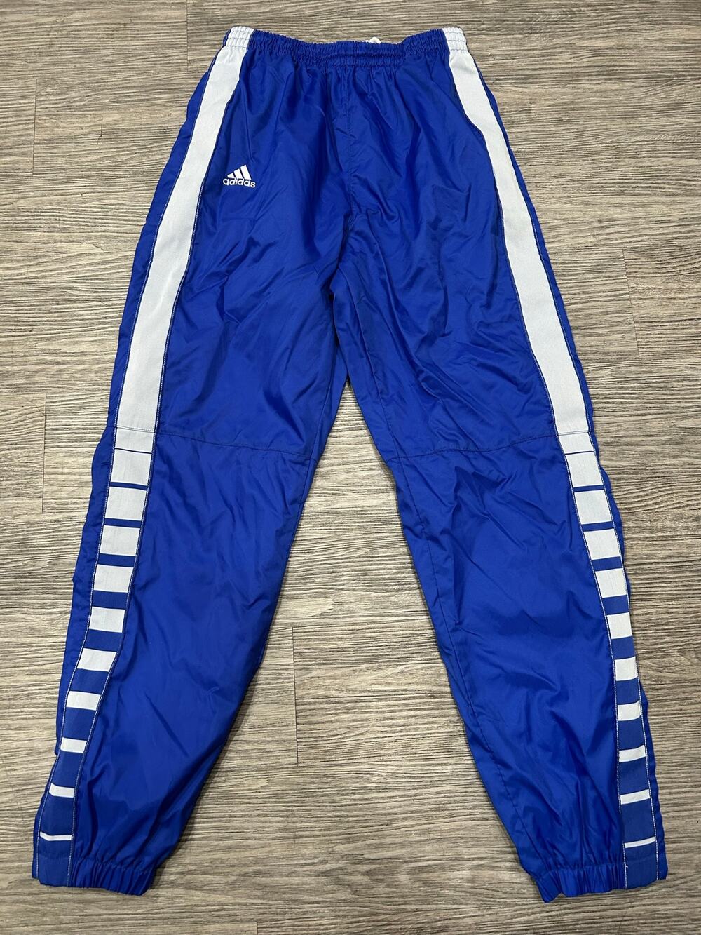 Vintage 90s Adidas Team Blue White Nylon Track Pants Men's Medium Zip Hem
